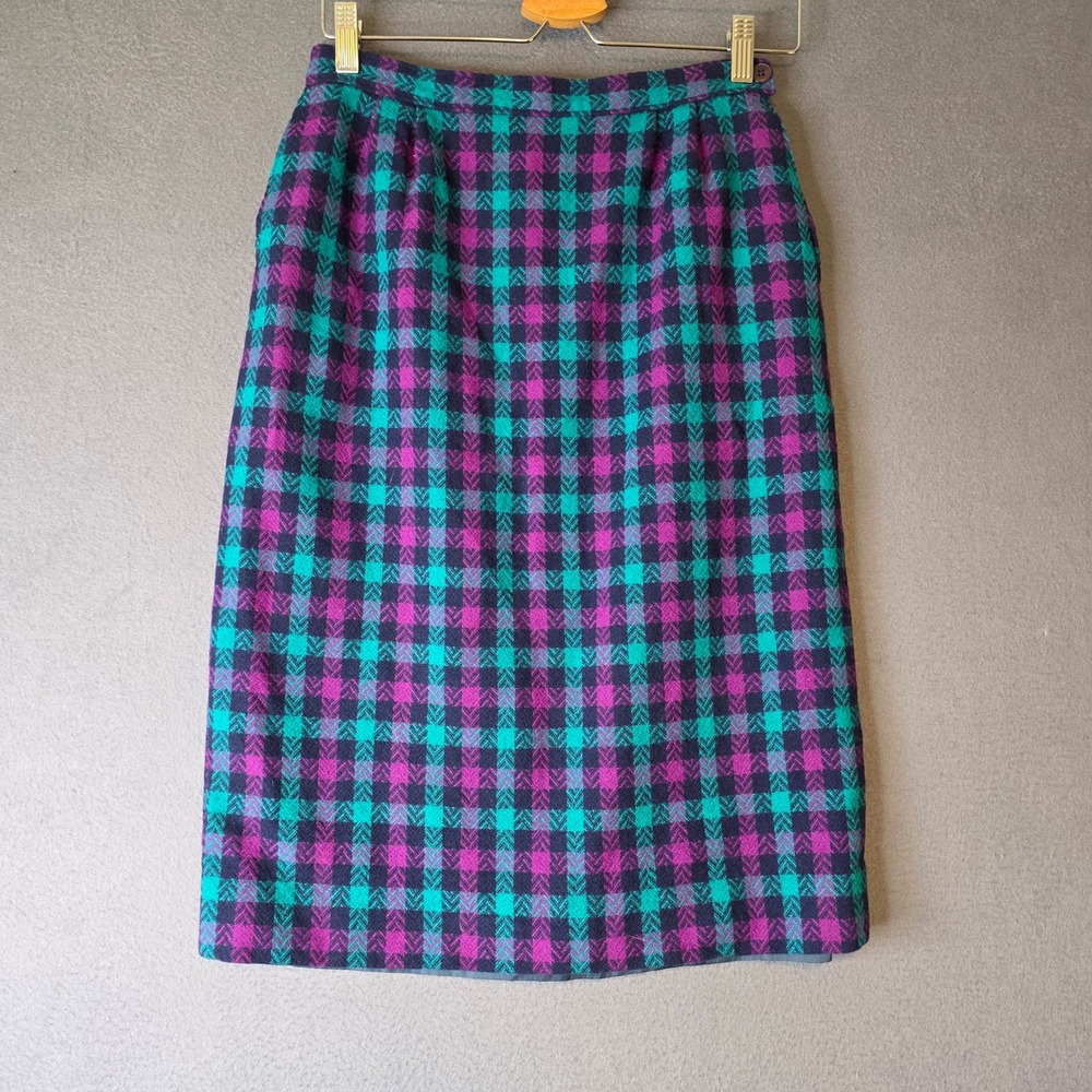 Pendleton Vintage 100% Virgin Wool‎ Plaid Pencil Skirt Purple Teal Green Sz 10